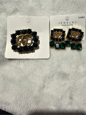 Jewelry Design by korea Green Rhinestone Statement Earrings W/ Matching Brooch S